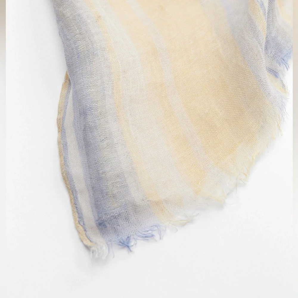 NWT. Zara Yellow/Blue 100% Linen Striped Scarf.